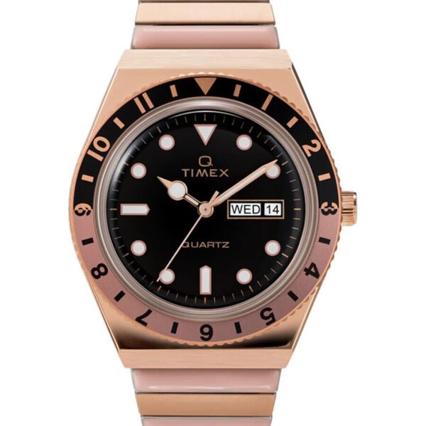 Timex TW2U81400 Q Ecomm Watch Rose Gold Black Day and Date Expanding Bracelet