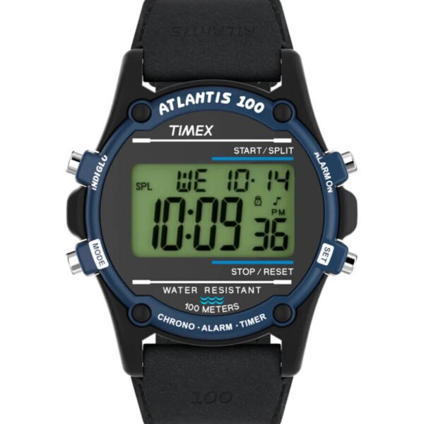Timex Atlantis Indiglo Chrono Digital Watch 100M WR Sports Unisex Blue Black Timer