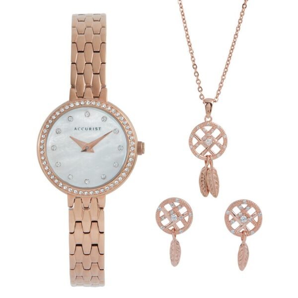 Accurist 8355G Watch Necklace Pendant Earring Set Rose Gold Plated