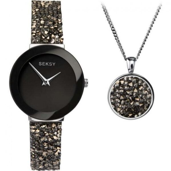 Seksy Ladies Watch & Necklace Gift Set 2740G – Stainless Steel, Black Dial, Crystal Accents