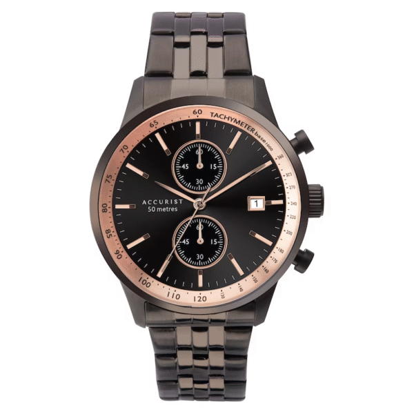 Accurist Black IP Black & Rose Dial Chrono Watch 50m 7341