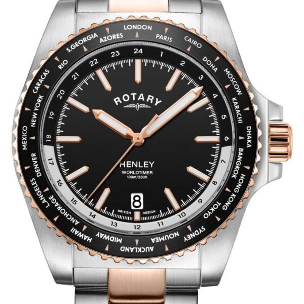 Rotary Henley Watch | World Time | Black Dial | Two Tone Bracelet GB05372/04