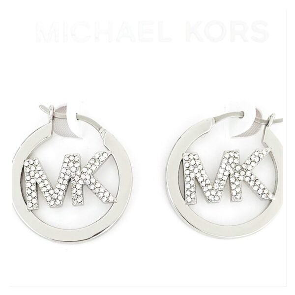 MICHAEL KORS Silver Tone Brass Pave Logo Hoop Earrings MKJ7636040