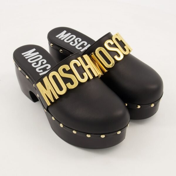 MOSCHINO COUTURE Black Leather Studded Gold Logo Clogs Mules Shoes